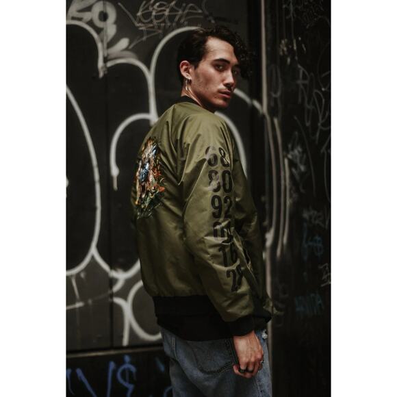 Bibisama Zodiac Monkey Olive Green Bomber Jacket XS-S Embroidered Streetwear - Picture 1 of 16